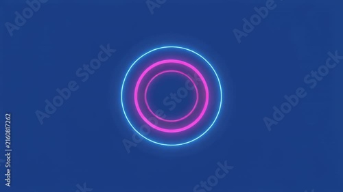 Abstract concentric circles with neon glow in rhythmic motion against a dark blue backdrop