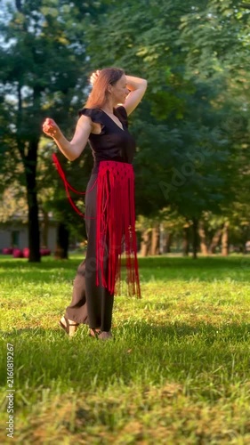 Woman wearing a stylish handmade red macrame belt