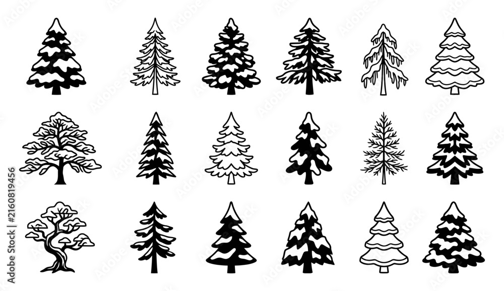 Obraz premium Collection of various black and white pine tree illustrations in different styles