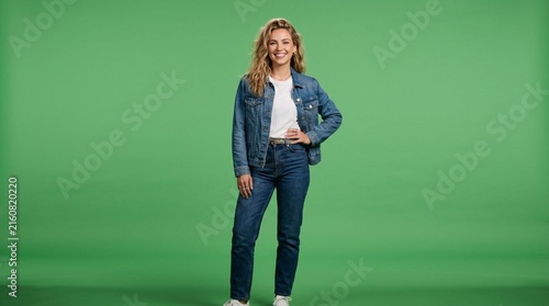 Smiling young blonde woman in casual denim jacket and jeans posing confidently against a vibrant green studio backdrop with full body view