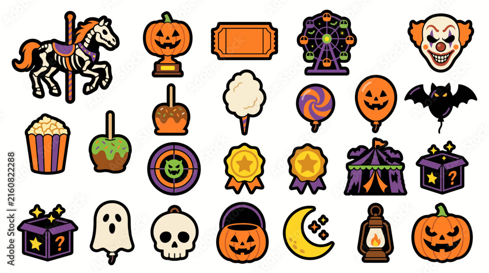 Fototapeta premium Halloween carnival icon set, spooky amusement park vector elements, 25 creepy fairground stickers, orange and purple holiday graphics