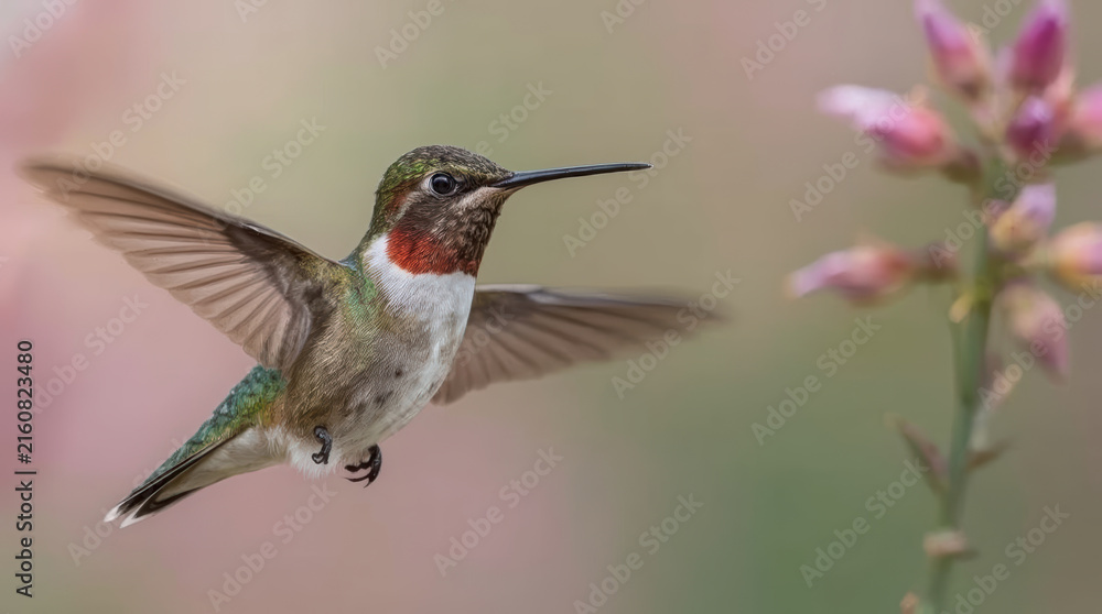 Naklejka premium Hummingbird hovering near pink flower with spread wings and vivid plumage
