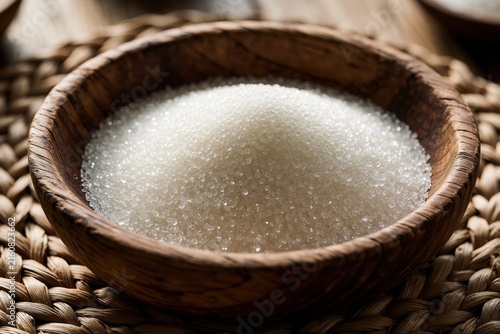 Close-up of granulated sugar in a rustic wooden bowl. Fine white crystals fill the dish, piled high on a woven placemat. Natural ingredient for baking and sweetening food.