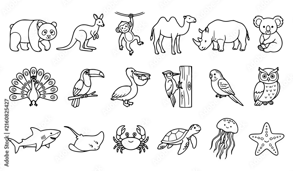 Fototapeta premium Wildlife animal outline icon collection featuring elephants, kangaroos, horses, rhinoceros, koala, birds, fish, crab, and jellyfish