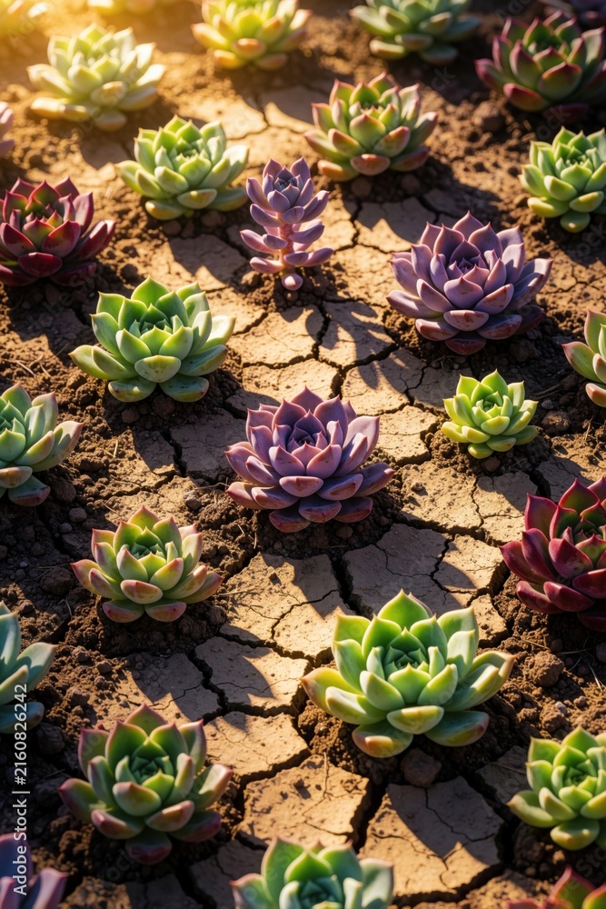 Fototapeta premium Colorful succulents grow in cracked dry earth under bright sun. Vibrant green, purple echeveria plants sprout from parched soil. Small desert flora emerge from arid ground in garden nature landscape