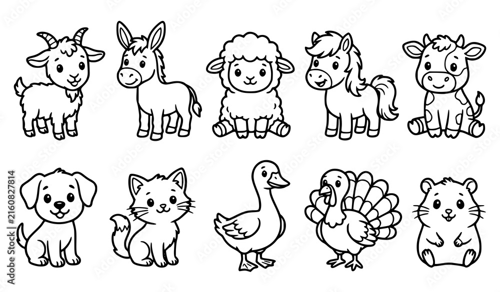 Obraz premium Farm animal outline icon collection featuring goats, horses, sheep, cows, dogs, cats, chickens, ducks, turkeys, and rabbits