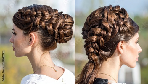 Elegant braided hairstyles featuring intricate weaving and textured buns, showcasing detailed hair artistry from side and back views.
