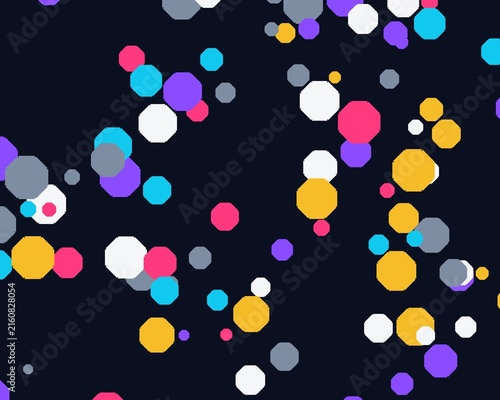 Scattered colorful octagon confetti on dark background, abstract celebration party elements for design.