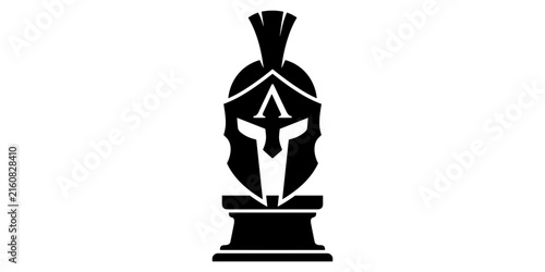 Cuadro en lienzo Black silhouette of a spartan helmet with lambda symbol on a pedestal, white bac