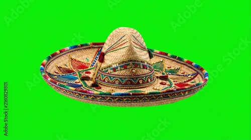 Traditional Mexican sombrero with colorful embroidery on green screen, celebrating Hispanic Heritage Month and Cinco de Mayo fiesta culture.