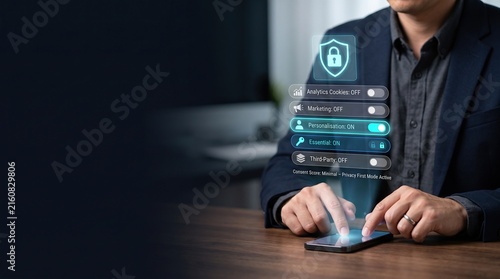 Consent management concept with smartphone and holographic privacy settings, cookie permissions and glowing security interface in dark business technology scene with clean copy space