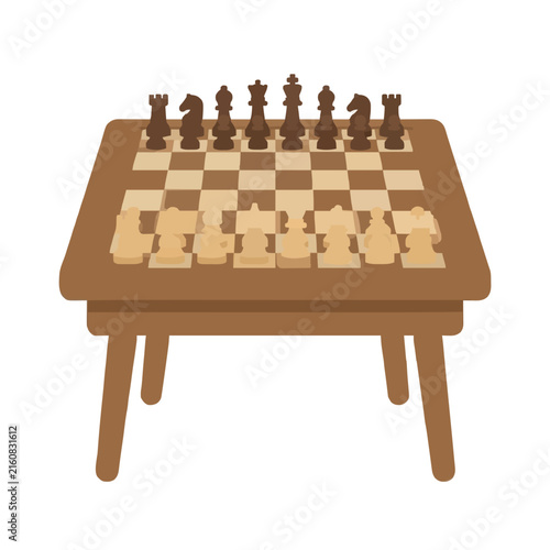 Vector illustration of a classic wooden chess set arranged on a small square table in isometric view, featuring detailed carved chess pieces ready for a strategic game