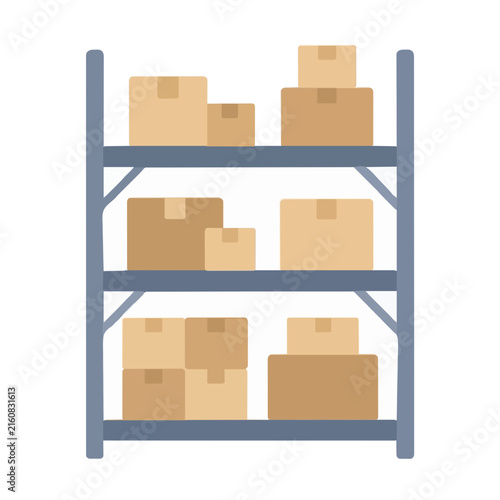 Hand-traced vector illustration of a warehouse storage rack filled with stacked cardboard shipping boxes on three shelves, minimalist industrial design with muted earth tones and soft blue-gray
