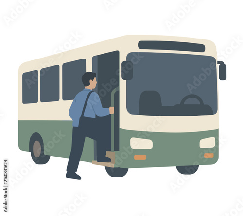 Hand-traced vector illustration of a commuter worker boarding a city bus, featuring a flat-style passenger stepping onto a public transit vehicle with a messenger bag, perfect for urban travel and