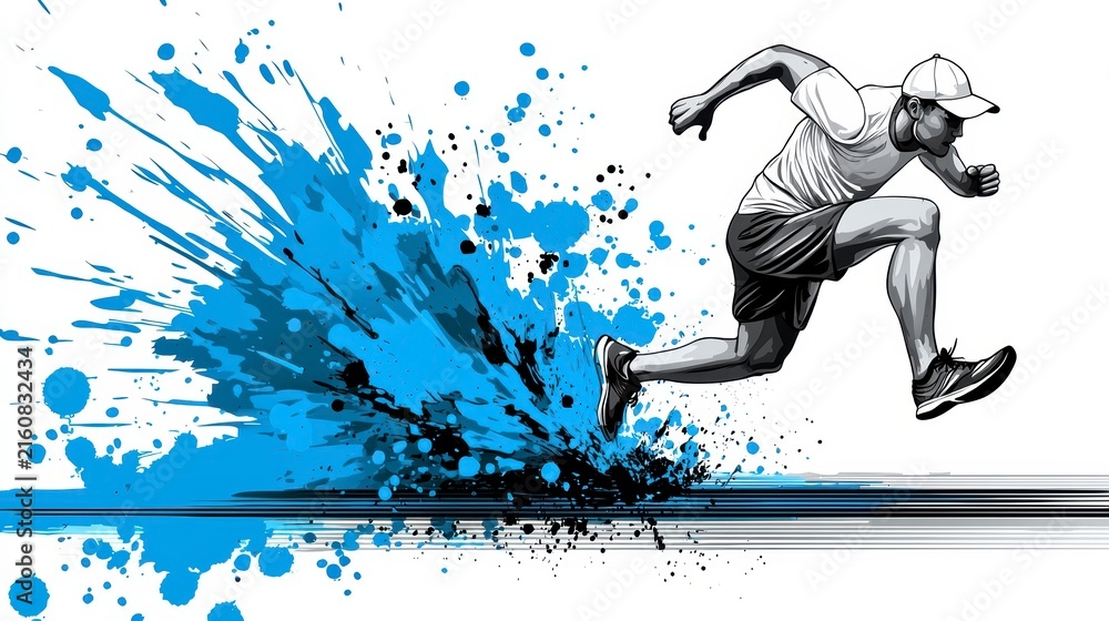 Fototapeta premium Dynamic Runner with Blue Paint Splash Illustration