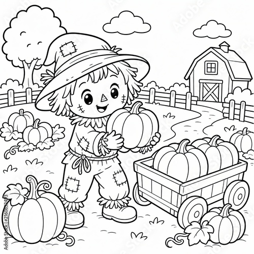 Happy Scarecrow Harvest: A charming scarecrow dressed in patched overalls and a wide-brimmed hat holds a ripe pumpkin, surrounded by a bountiful harvest of pumpkins in a quaint farm setting.