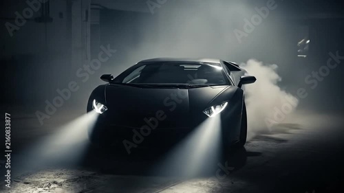 Sleek Black Lamborghini Aventador Drifting Through Smoky Garage.