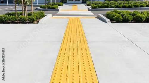 Prominent yellow tactile paving on a modern concrete urban pathway, essential infrastructure demonstrating a commitment to accessibility and inclusive design for all pedestrians