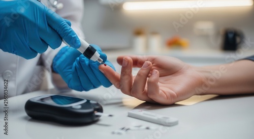 Doctor performing blood glucose test on patient's finger with lancet and glucometer, healthcare concept