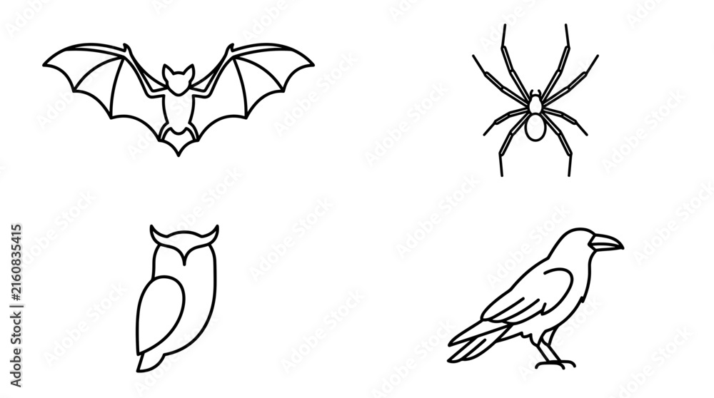 Naklejka premium Nocturnal animal icons featuring bat, owl, and raven.