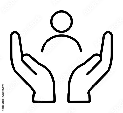 Hand-traced vector icon illustration depicting two open hands gently cradling a stylized human figure, rendered in minimalist black line art on white background