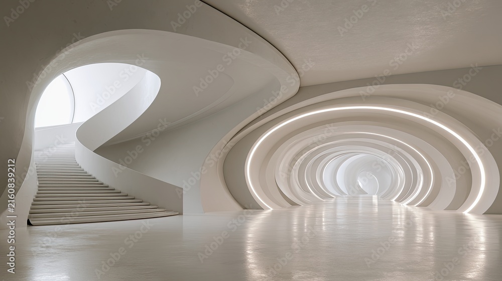 Fototapeta premium Modern, bright, flowing interior with illuminated tunnel and white staircase