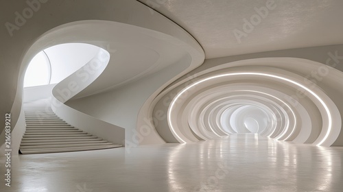 Modern, bright, flowing interior with illuminated tunnel and white staircase