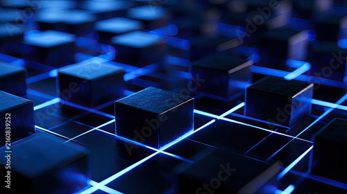 Abstract digital grid with glowing blue lines and dark cubes
