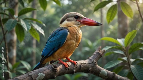 Colorful Kingfisher Bird Resting on Tree Branch in Tropical Forests 4K