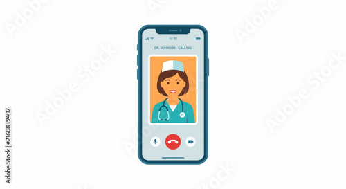 Smartphone displaying a video call with a doctor in a medical uniform.