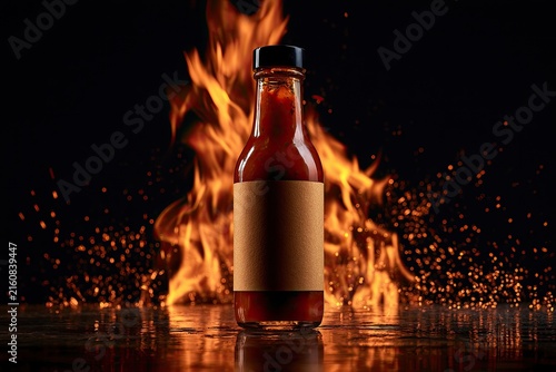 Glass bottle with red sauce against fiery backdrop