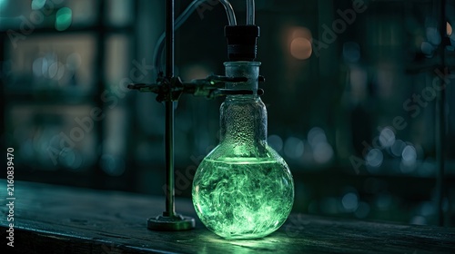 Glowing green liquid swirls in a round glass flask on a wooden surface