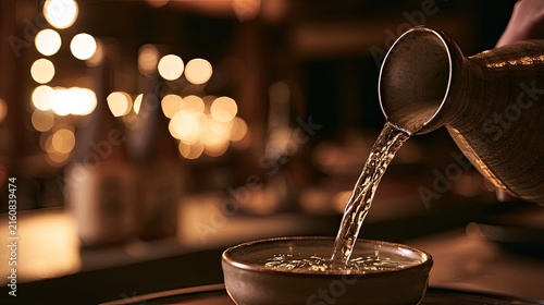 Warm amber liquid poured from a vessel into a ceramic cup