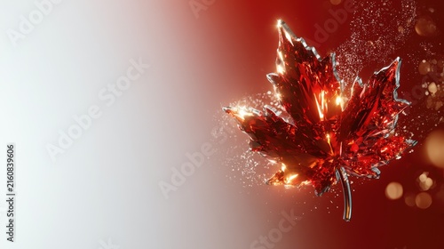 Crystalline maple leaf shimmers with internal light and scattered particles on gradient