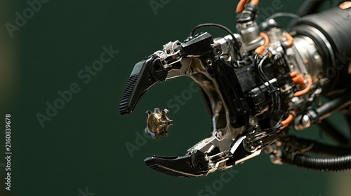Robotic arm precisely grips intricate metallic component in close-up