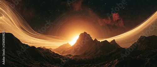 Fiery alien sunset illuminates rugged alien mountains under a swirling celestial halo