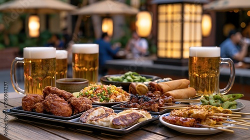 glass of beer and snacks in the garden