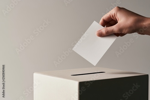 Hand placing blank ballot into a voting box against a light gray background