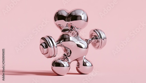 Polished chrome figure with heart head, lifting weights on pink backdrop