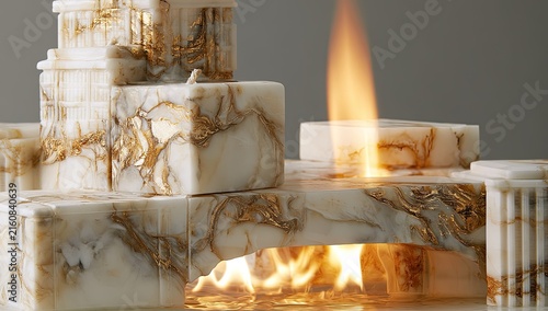 Opulent marble structures adorned with gold, supporting a vibrant flame