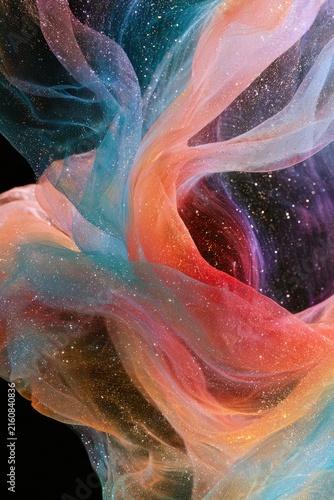 Ethereal, flowing fabric with iridescent hues and sparkling particles