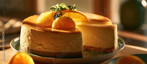 A delicious citrus cheesecake with a slice removed, garnished with orange