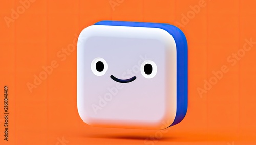 Friendly, rounded, white and blue, smiling character icon on a vibrant orange background
