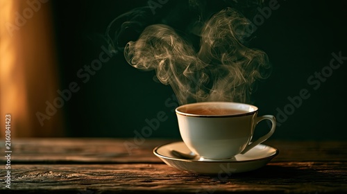 Steaming hot beverage in a ceramic cup with a saucer and spoon