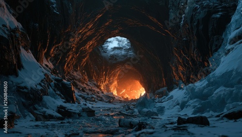 A dark, icy cave tunnel illuminated by a fiery glow from its depths