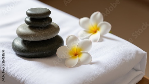 Spa and wellness concept with smooth gray stones, white towel, and delicate white and yellow frangipani flowers arranged on a soft surface for relaxation or massage treatments