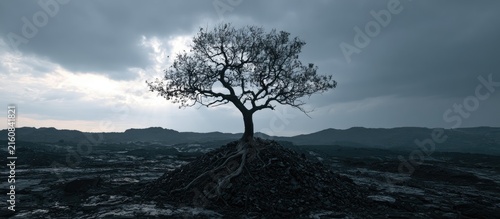 Stark, skeletal tree stands alone on a mound against a dramatic, stormy sky
