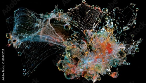 Abstract explosion of colorful organic matter and glowing particles against black