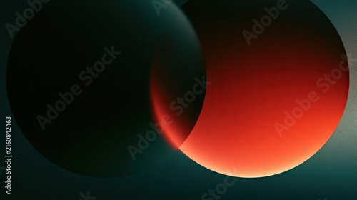 Abstract, soft-edged orbs of dark green and fiery orange glow against a textured, muted background