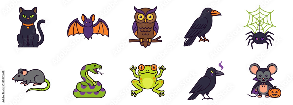 Fototapeta premium Cute Halloween stickers: ghosts, pumpkins, black cats, potions, bat, spider webs, creepy elements. For scrapbooking, decoration, crafts, printable, party design projects. Flat vector set. Hand drawn.